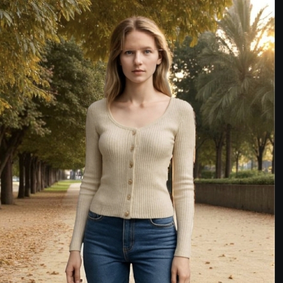 Almost Famous Beige Long Sleeve Button Down V-Neck Soft Ribbed Henley NWT s S - Picture 1 of 11